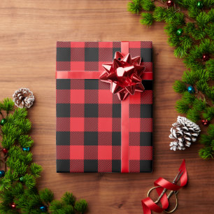 Papel De Regalo Rojo de Navidad y cuadros de búfalo en negro