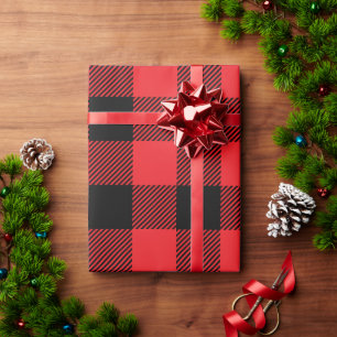 Papel De Regalo Rojo de Navidad y Plaid Búfalo Negro y Blanco