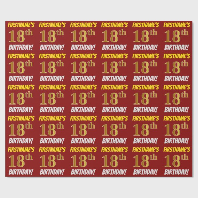 Papel De Regalo Rojo, Dorado Falso/Imitación, "18º CUMPLEAÑOS" (Superficie plana)