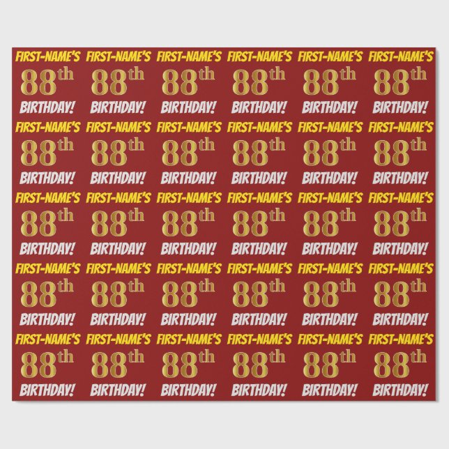 Papel De Regalo Rojo, Dorado Falso/Imitación, "88.º CUMPLEAÑOS" (Superficie plana)