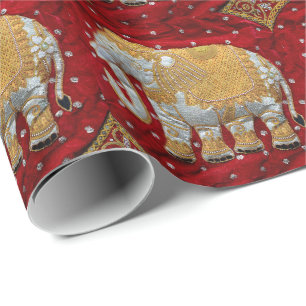 Papel De Regalo Rojo embellecido y oro del elefante indio