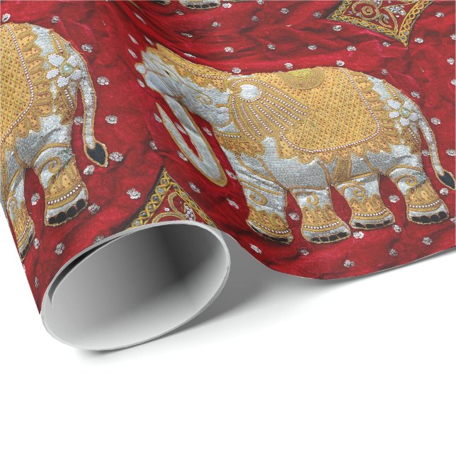 Papel De Regalo Rojo embellecido y oro del elefante indio (Esquina del rollo)