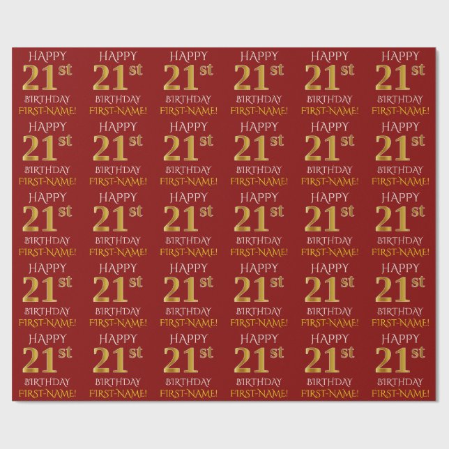 Papel De Regalo Rojo, falso oro "FELIZ 21 cumpleaños" (Superficie plana)