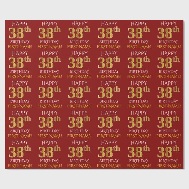 Papel De Regalo Rojo, falso oro "FELIZ 38 cumpleaños" (Superficie plana)