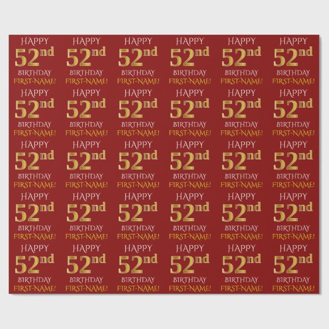 Papel De Regalo Rojo, falso oro "FELIZ 52 cumpleaños" (Superficie plana)