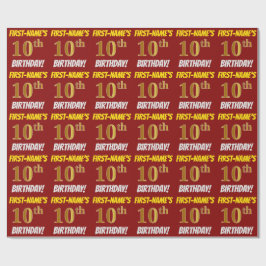 Papel De Regalo Rojo, Faux/Imitation Gold, "10th BIRTHDAY"
