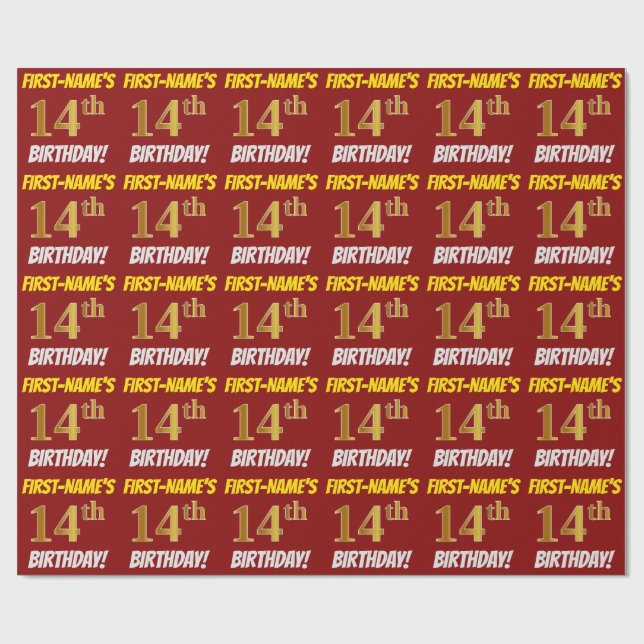Papel De Regalo Rojo, Faux/Imitation Gold, "14th BIRTHDAY" (Superficie plana)