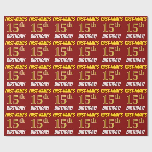 Papel De Regalo Rojo, Faux/Imitation Gold, "15th BIRTHDAY" (Superficie plana)