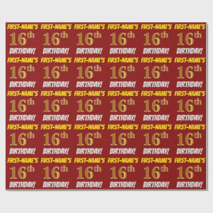 Papel De Regalo Rojo, Faux/Imitation Gold, "16th BIRTHDAY"