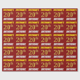 Papel De Regalo Rojo, Faux/Imitation Gold, "20th BIRTHDAY"