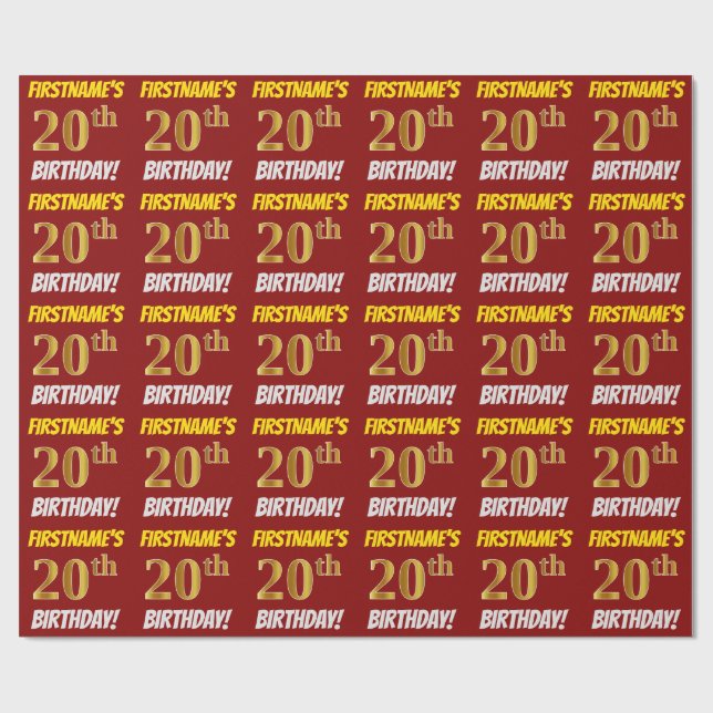 Papel De Regalo Rojo, Faux/Imitation Gold, "20th BIRTHDAY" (Superficie plana)