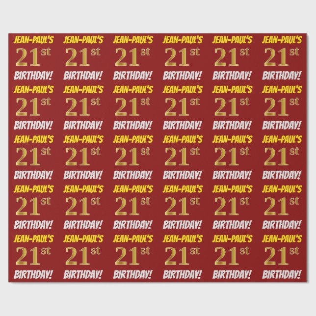 Papel De Regalo Rojo, Faux/Imitation Gold, "21st BIRTHDAY" (Superficie plana)