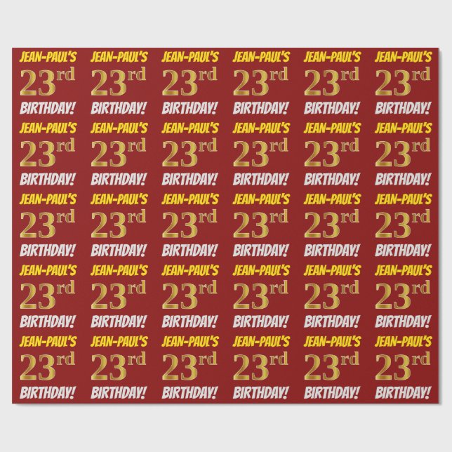 Papel De Regalo Rojo, Faux/Imitation Gold, "23rd BIRTHDAY" (Superficie plana)