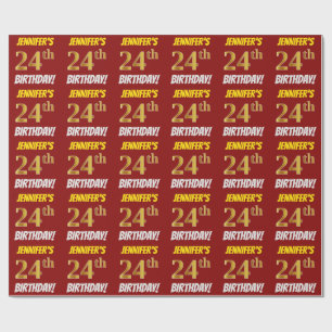 Papel De Regalo Rojo, Faux/Imitation Gold, "24th BIRTHDAY"