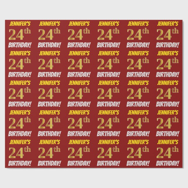 Papel De Regalo Rojo, Faux/Imitation Gold, "24th BIRTHDAY" (Superficie plana)