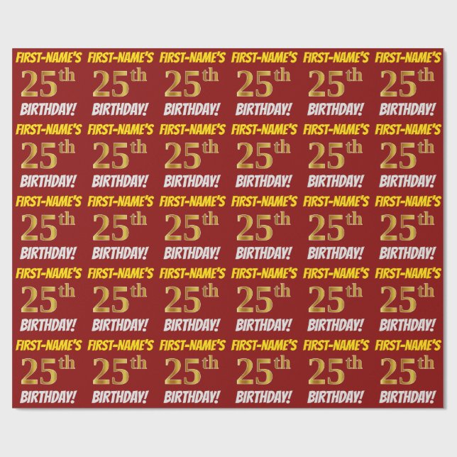 Papel De Regalo Rojo, Faux/Imitation Gold, "25th BIRTHDAY" (Superficie plana)