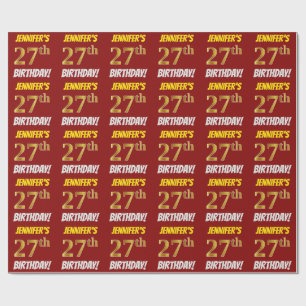 Papel De Regalo Rojo, Faux/Imitation Gold, "27th BIRTHDAY"