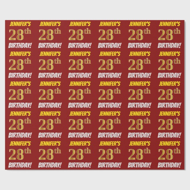 Papel De Regalo Rojo, Faux/Imitation Gold, "28th BIRTHDAY" (Superficie plana)