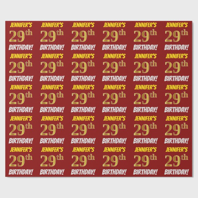 Papel De Regalo Rojo, Faux/Imitation Gold, "29th BIRTHDAY" (Superficie plana)