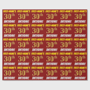 Papel De Regalo Rojo, Faux/Imitation Gold, "30th BIRTHDAY"