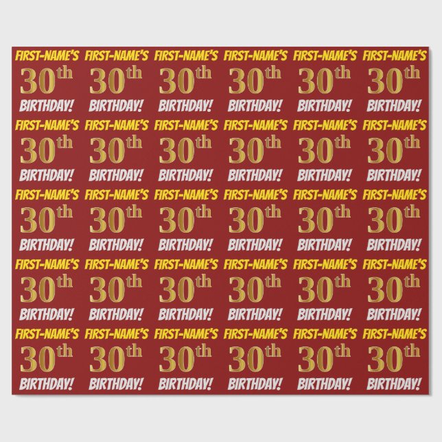 Papel De Regalo Rojo, Faux/Imitation Gold, "30th BIRTHDAY" (Superficie plana)