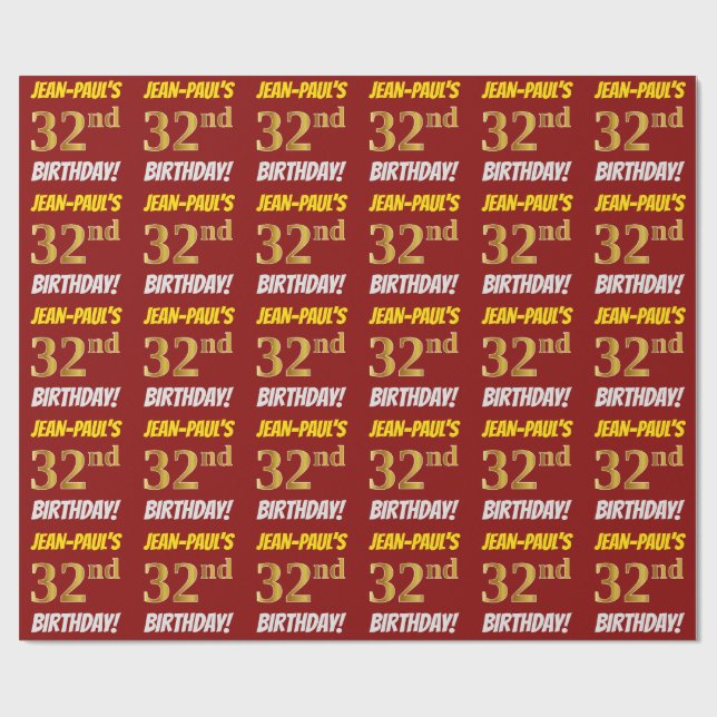 Papel De Regalo Rojo, Faux/Imitation Gold, "32nd BIRTHDAY" (Superficie plana)