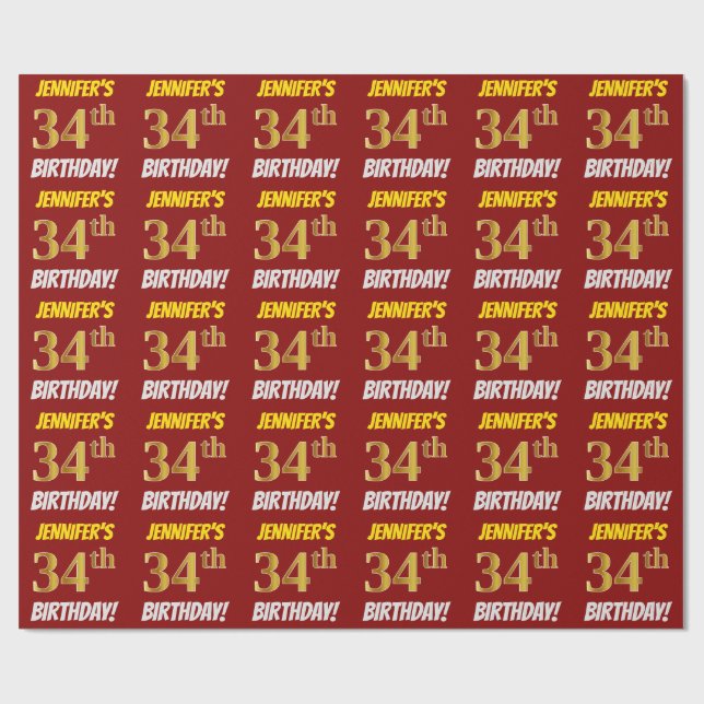 Papel De Regalo Rojo, Faux/Imitation Gold, "34th BIRTHDAY" (Superficie plana)