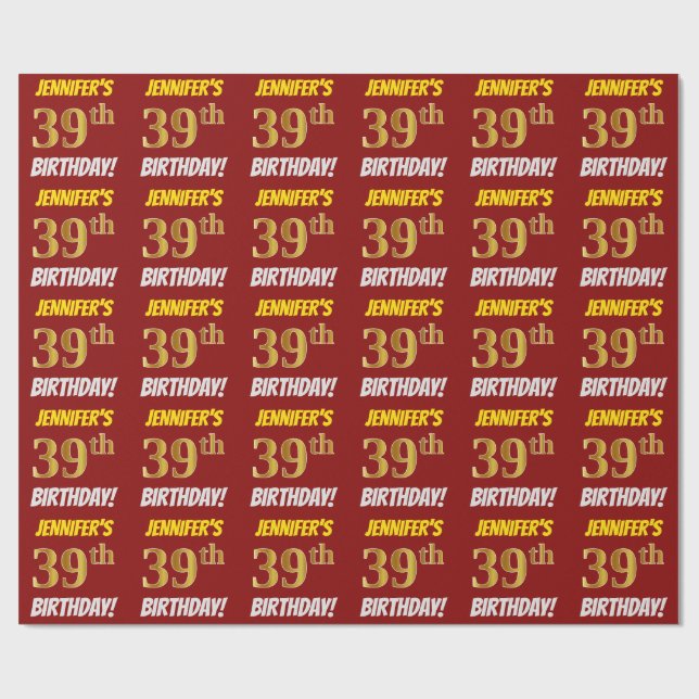 Papel De Regalo Rojo, Faux/Imitation Gold, "39th BIRTHDAY" (Superficie plana)