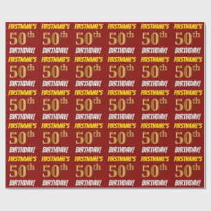 Papel De Regalo Rojo, Faux/Imitation Gold, "50th BIRTHDAY"