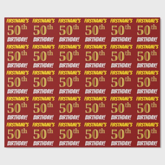 Papel De Regalo Rojo, Faux/Imitation Gold, "50th BIRTHDAY" (Superficie plana)