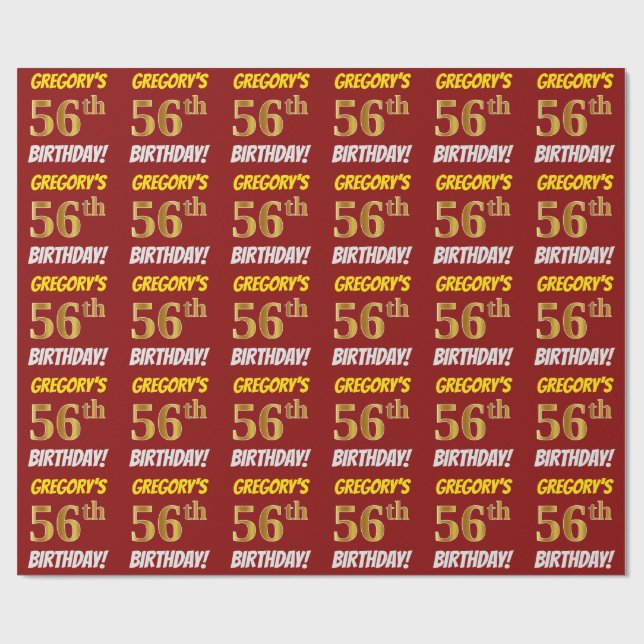 Papel De Regalo Rojo, Faux/Imitation Gold, "56th BIRTHDAY" (Superficie plana)