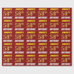 Papel De Regalo Rojo, Faux/Imitation Gold, "58th BIRTHDAY"