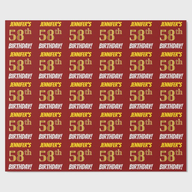 Papel De Regalo Rojo, Faux/Imitation Gold, "58th BIRTHDAY" (Superficie plana)
