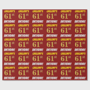 Papel De Regalo Rojo, Faux/Imitation Gold, "61st BIRTHDAY"