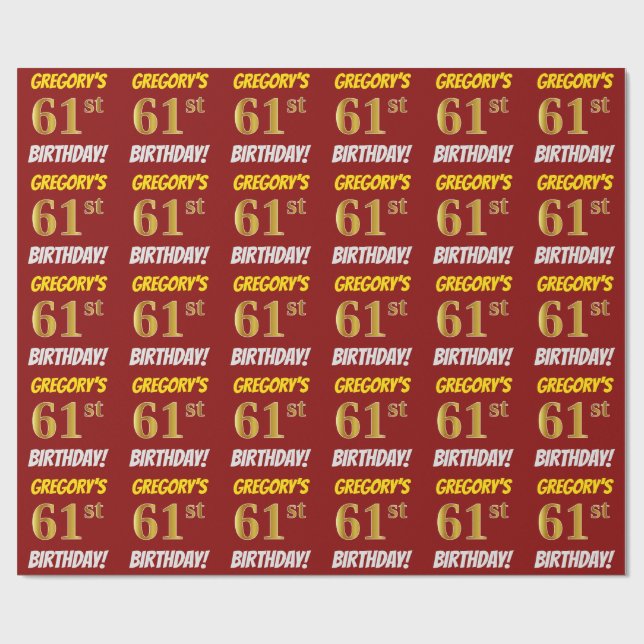 Papel De Regalo Rojo, Faux/Imitation Gold, "61st BIRTHDAY" (Superficie plana)