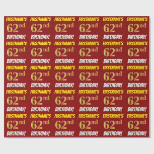 Papel De Regalo Rojo, Faux/Imitation Gold, "62nd BIRTHDAY"