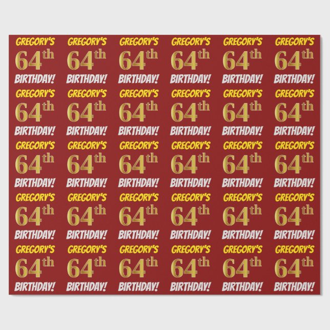 Papel De Regalo Rojo, Faux/Imitation Gold, "64th BIRTHDAY" (Superficie plana)