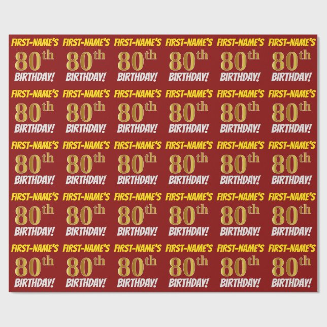 Papel De Regalo Rojo, Faux/Imitation Gold, "80th BIRTHDAY" (Superficie plana)