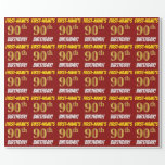 Papel De Regalo Rojo, Faux/Imitation Gold, "90th BIRTHDAY"<br><div class="desc">Este diseño de papel envolvente incluye un mensaje como "¡CUMPLEAÑOS 90 DE PRIMER NOMBRE!", en el que el "90" tiene un aspecto de color falso/imitación de color dorado, y con el nombre y el "CUMPLEAÑOS" en un tipo de letra divertido y audaz. El nombre es personalizable y el fondo es...</div>