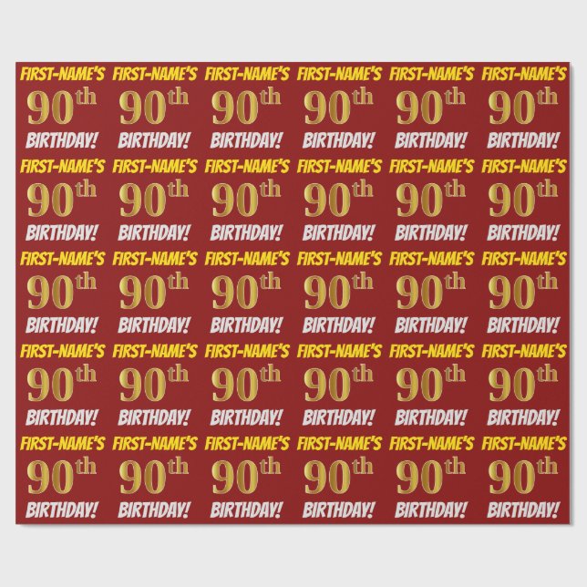 Papel De Regalo Rojo, Faux/Imitation Gold, "90th BIRTHDAY" (Superficie plana)