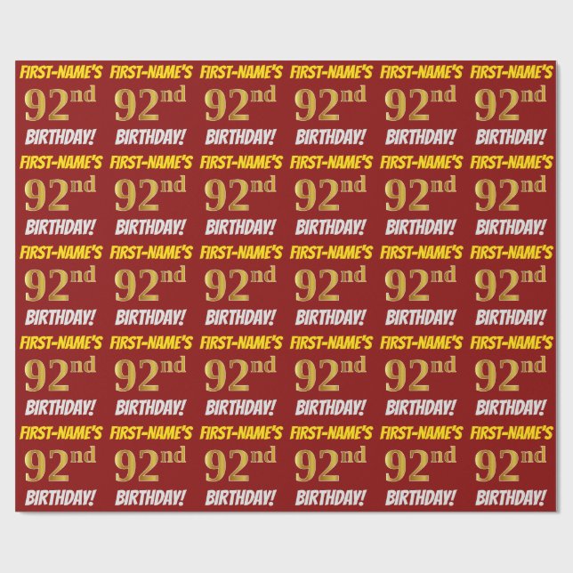 Papel De Regalo Rojo, Faux/Imitation Gold, "92nd BIRTHDAY" (Superficie plana)