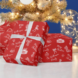 Papel De Regalo Rojo Feliz Navidad Dibujado a Mano Garabato Nombre
