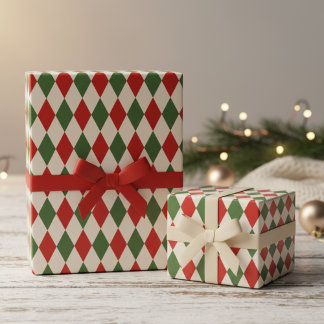 Papel De Regalo Rojo Festivo y Verde Argyle Diamantes Navidad
