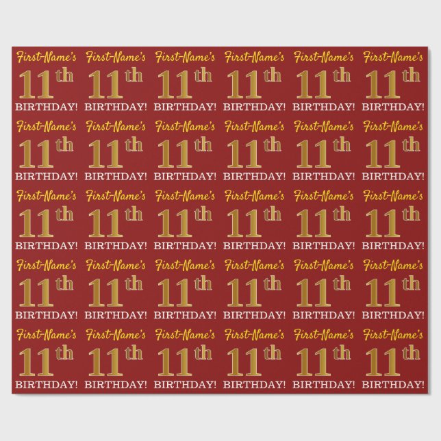 Papel De Regalo Rojo, Imitation Gold Look "11th BIRTHDAY" (Superficie plana)
