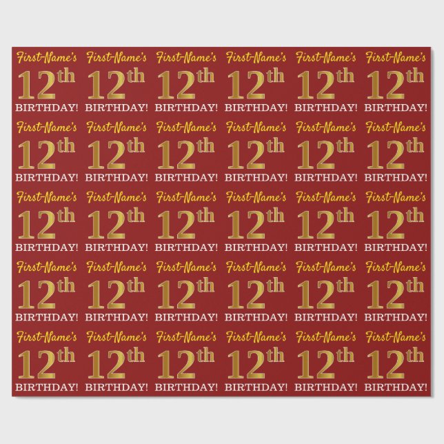 Papel De Regalo Rojo, Imitation Gold Look "12th BIRTHDAY" (Superficie plana)