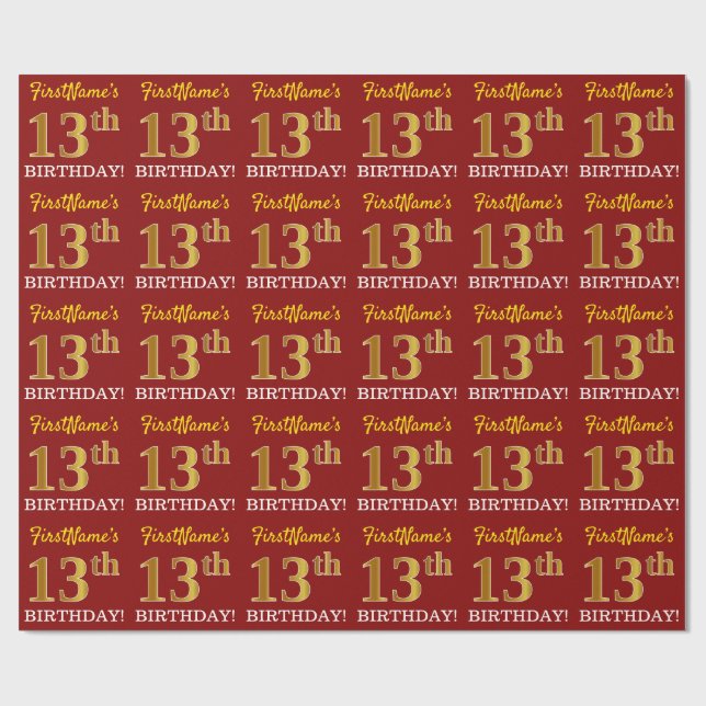 Papel De Regalo Rojo, Imitation Gold Look "13th BIRTHDAY" (Superficie plana)