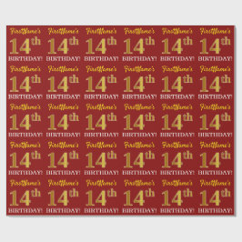 Papel De Regalo Rojo, Imitation Gold Look "14th BIRTHDAY"