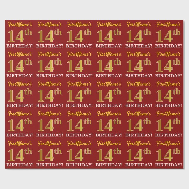 Papel De Regalo Rojo, Imitation Gold Look "14th BIRTHDAY" (Superficie plana)