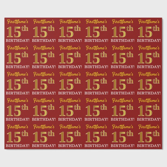 Papel De Regalo Rojo, Imitation Gold Look "15th BIRTHDAY" (Superficie plana)