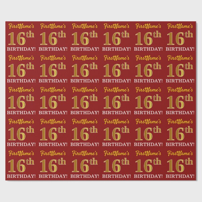 Papel De Regalo Rojo, Imitation Gold Look "16th BIRTHDAY" (Superficie plana)